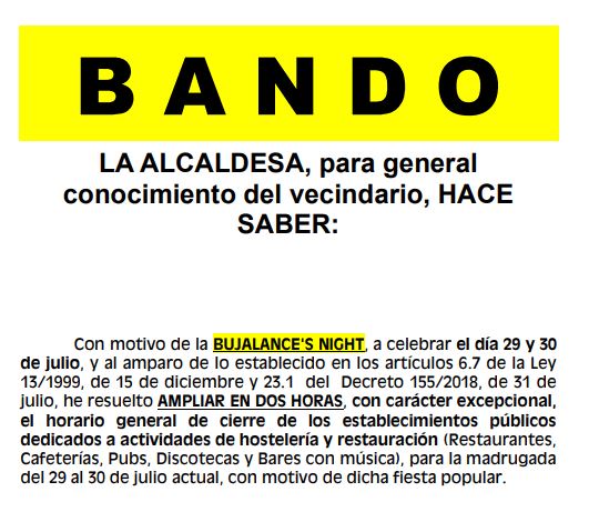 BANDO – Ampliación horario establecimientos hostelería – Bujalance’s Night 2023